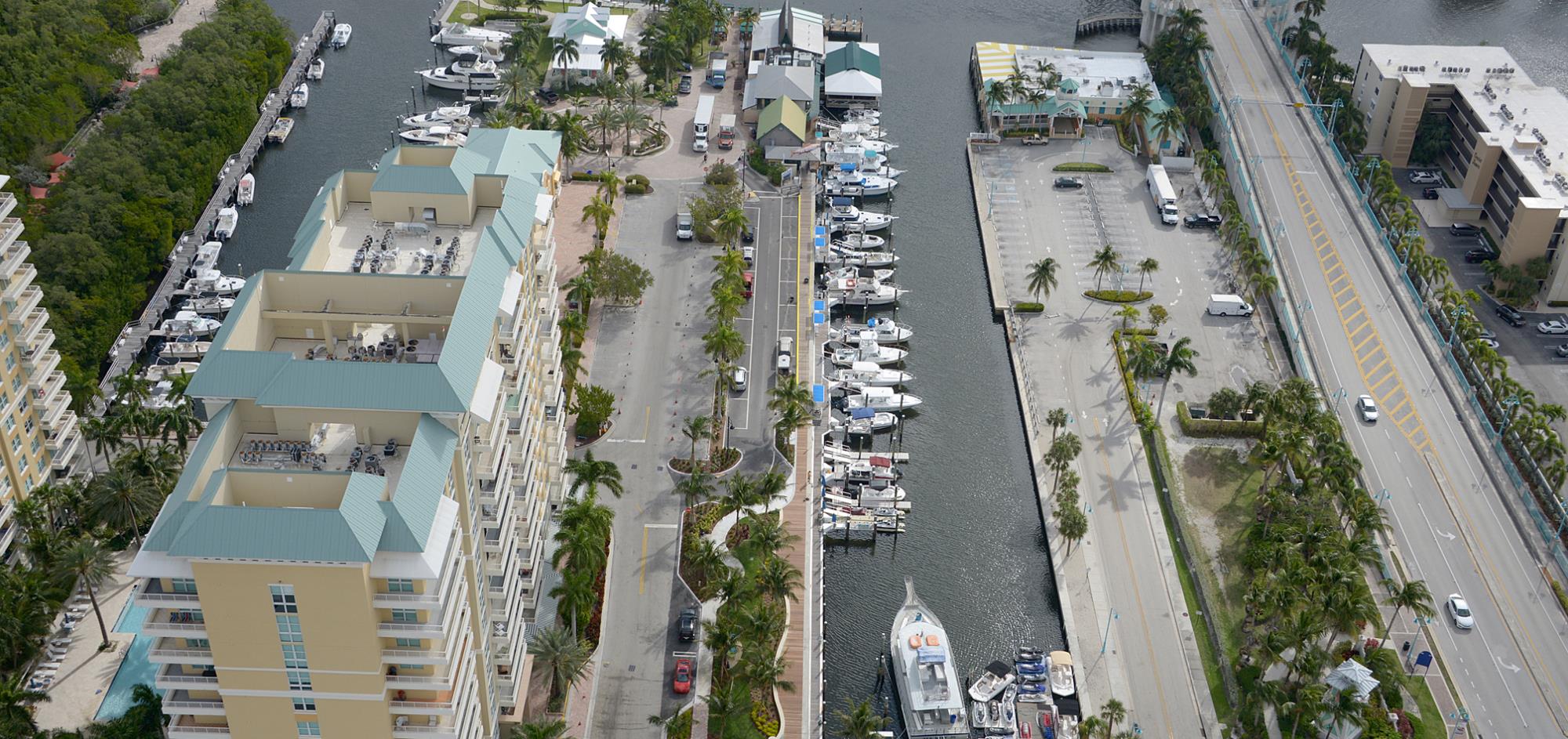 Aerial view of Marina, boat slips and dockmaster building