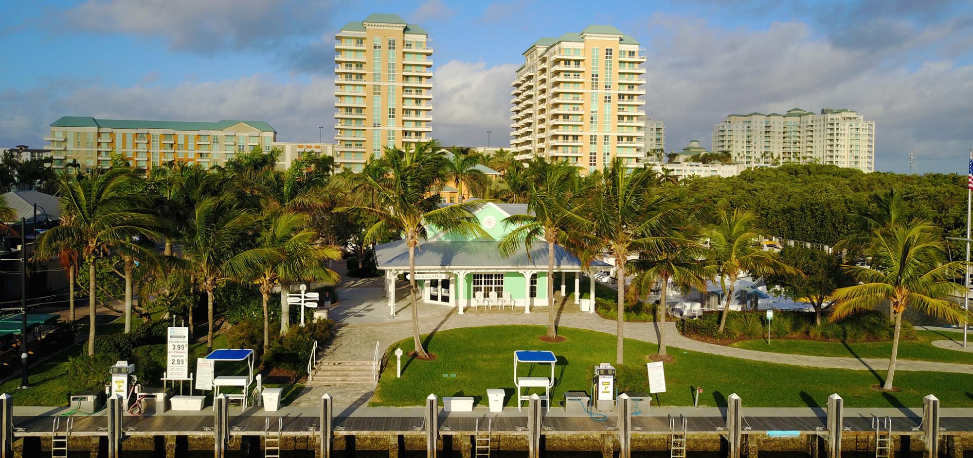 Aerial view of Dockmaster building surround by palm trees with the Marina Condo Towers in the background